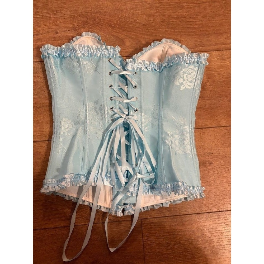 Light Blue Floral Jacquard Corset Top Ruffle Trim Garter Straps Small J0339 - Picture 3 of 3